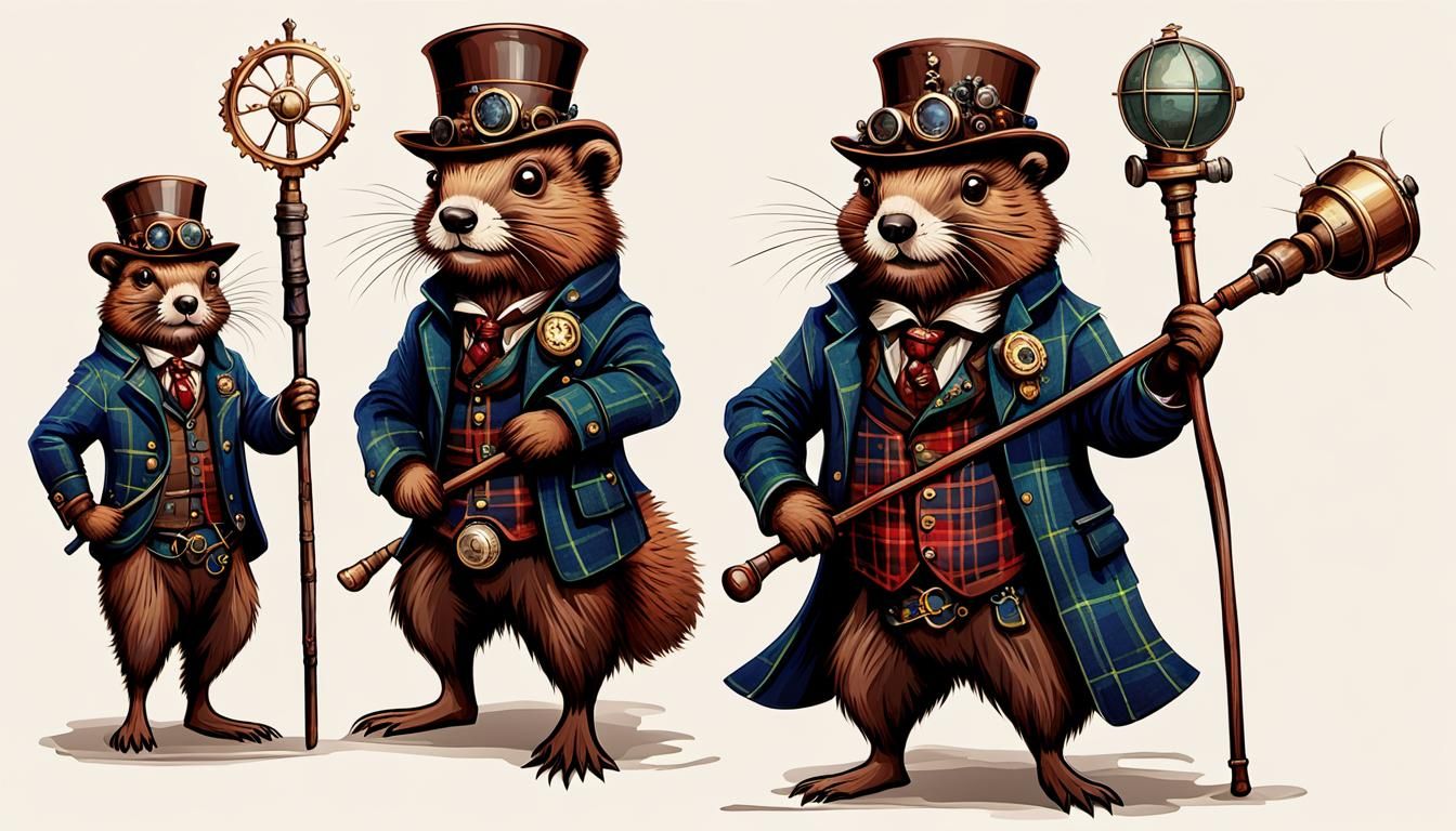 Steampunk Beaver in Scottish Plaid Outfit