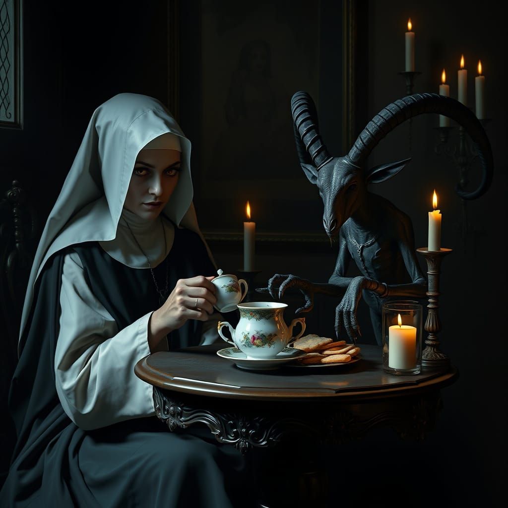 Evil Nun and Baphomet Tea Party in Gothic Chamber