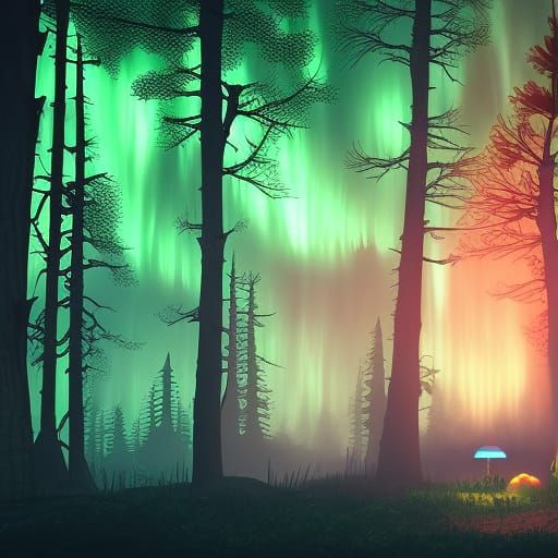 Radiant Spooky Forest with Aurora Lighting