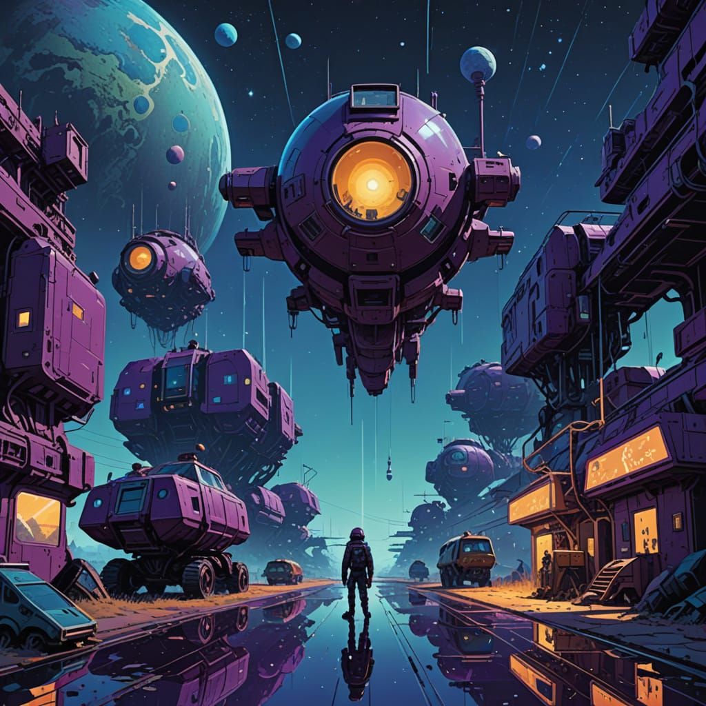 Futuristic Cosmic Landscape in Vibrant Blues and Purples