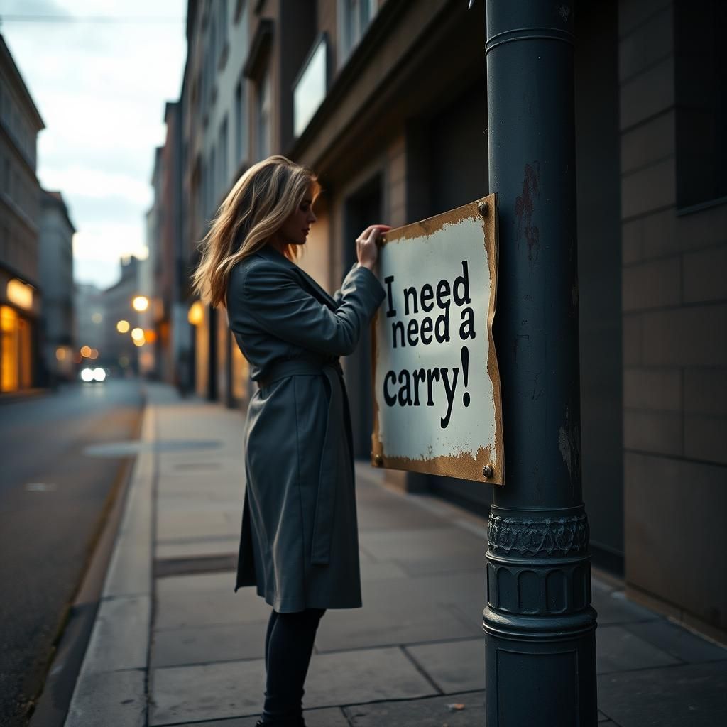 Woman Pasting Poster on Dimly Lit City Street