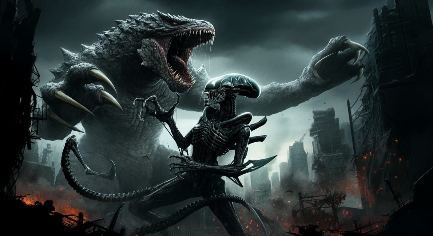 Kaiju vs Xenomorph Queen in City Ruins