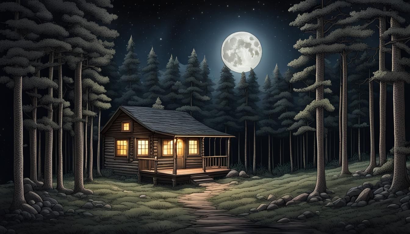 Peaceful Forest Cabin Under Moonlight