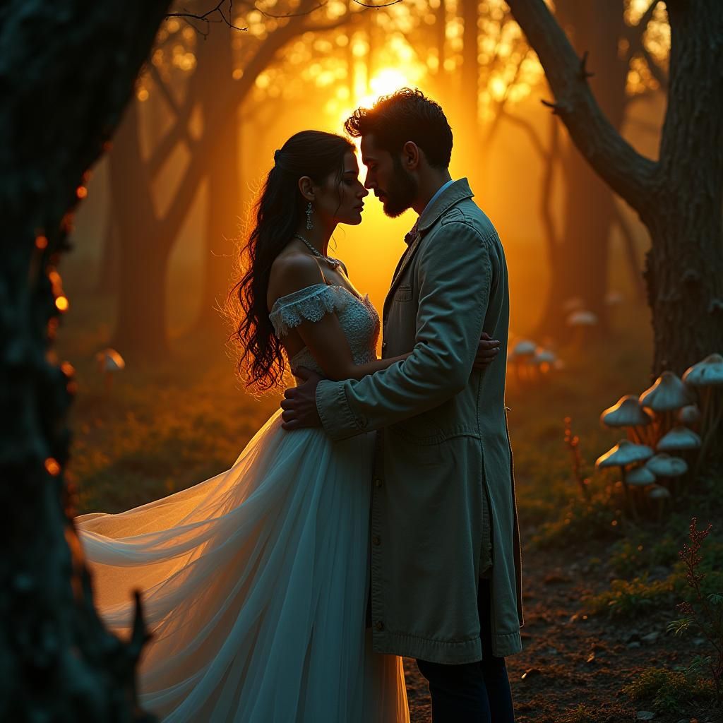 Eternal Sunset: Couple's Dreamlike Embrace in a Fantasy Worl...