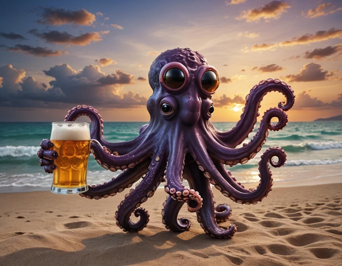 Happy Octopus Cheers with Beer at Sunset Beach