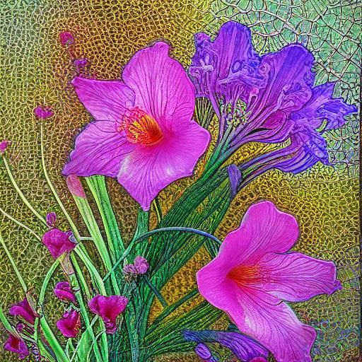 Botanical Glass Flowers with Fractal Roots, Expressionist St...