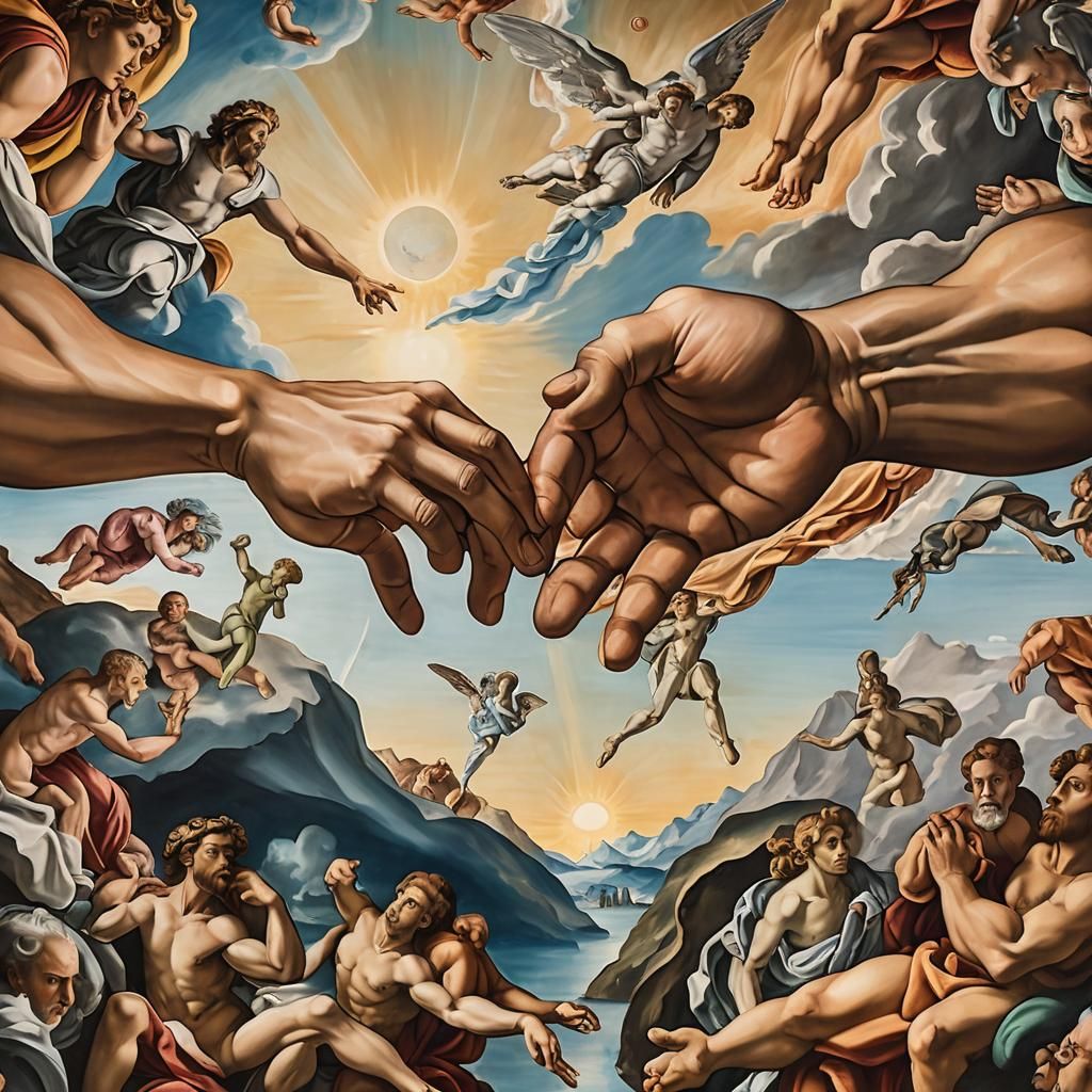 The Creation of Adam by Michelangelo, in the style of Salvad...