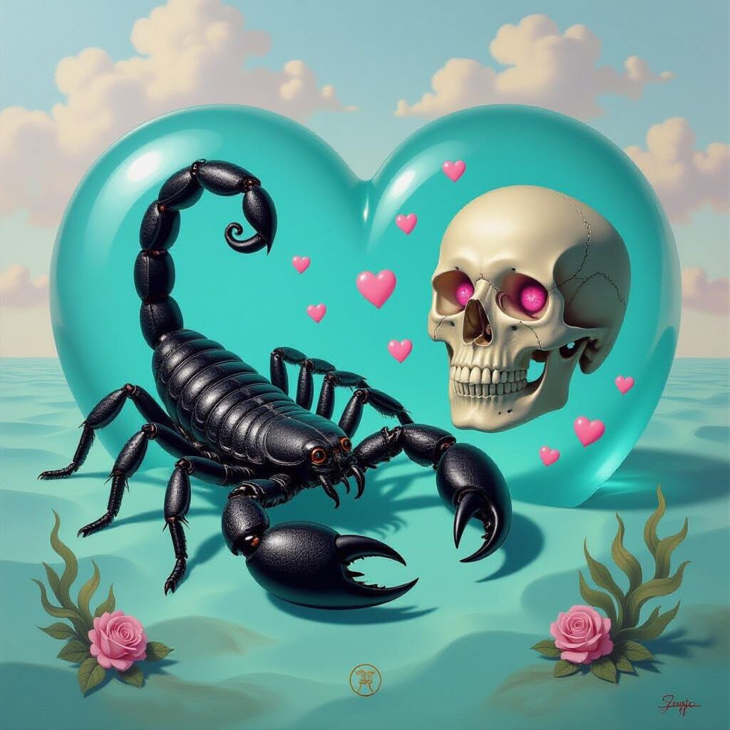 Mystical Scorpion and Skull in Surreal Heartscape