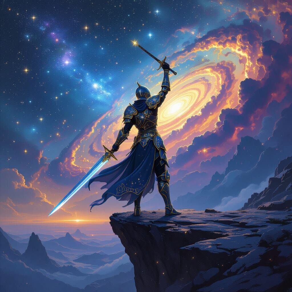 Celestial Warrior Overlooking Galaxy in Detailed Matte Paint...