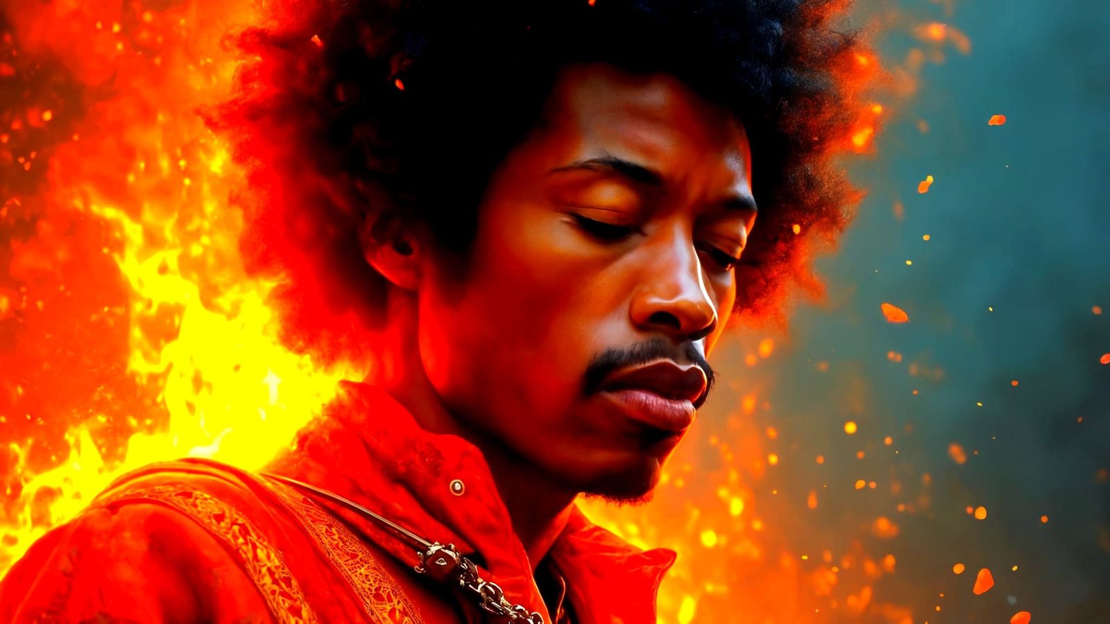 Jimi Hendrix Airbrush Portrait with Flaming Guitar