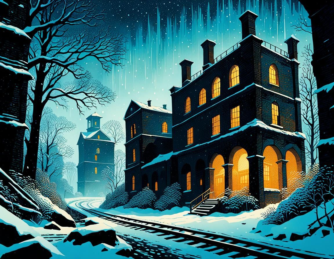 Industrial Ruins Transformed by Nature in a Snowy Blizzard