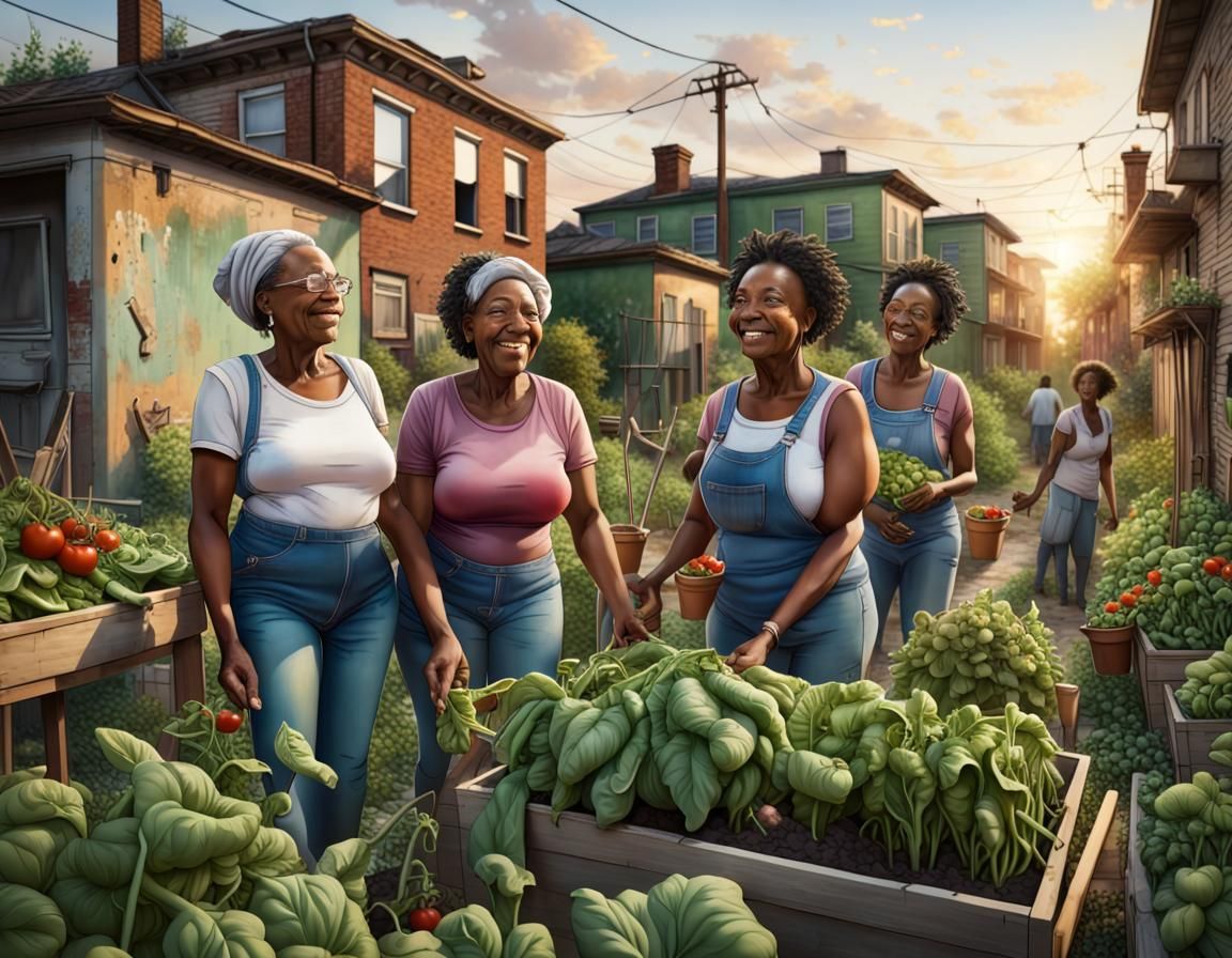 Vibrant Urban Garden at Sunset in Hyperrealistic Style