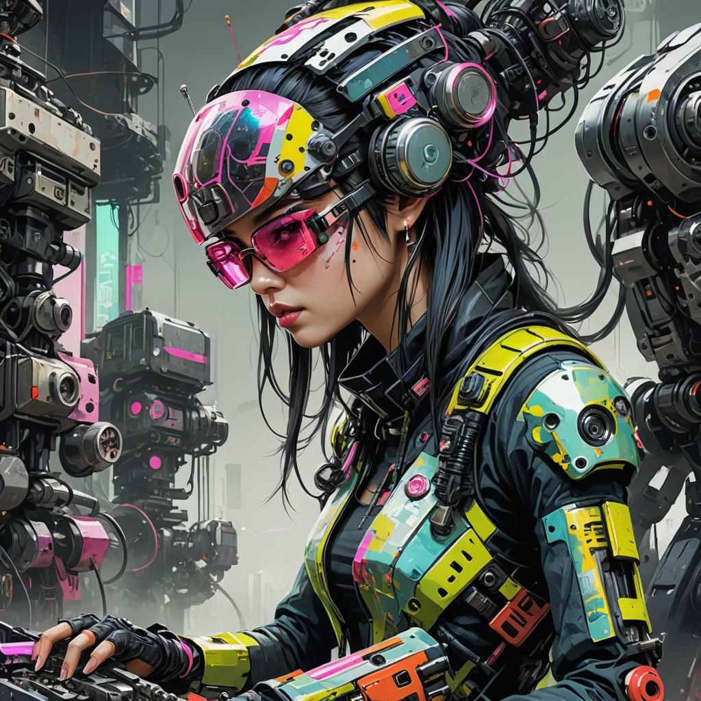 Cyberpunk Mechanic Girl Repairs Battle Robot