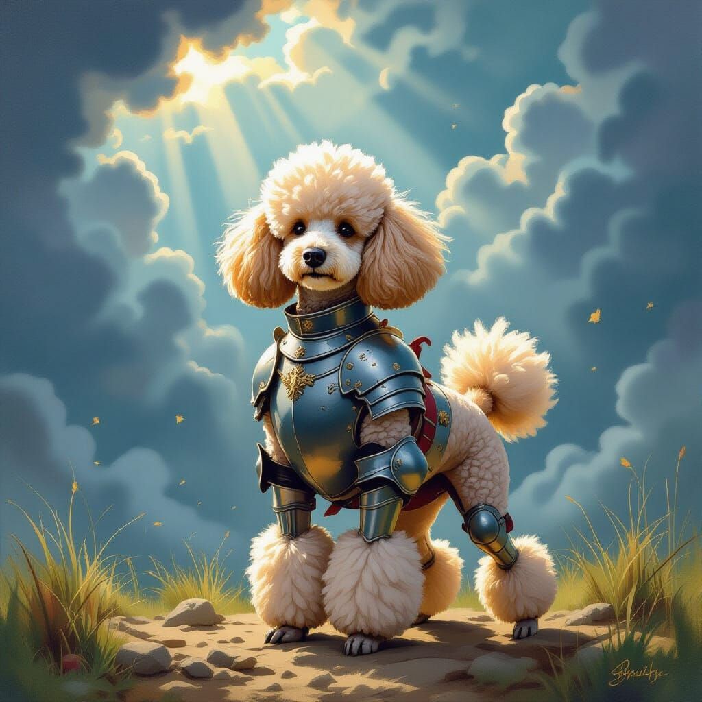 Armored Poodle on Battlefield in Gouache Style