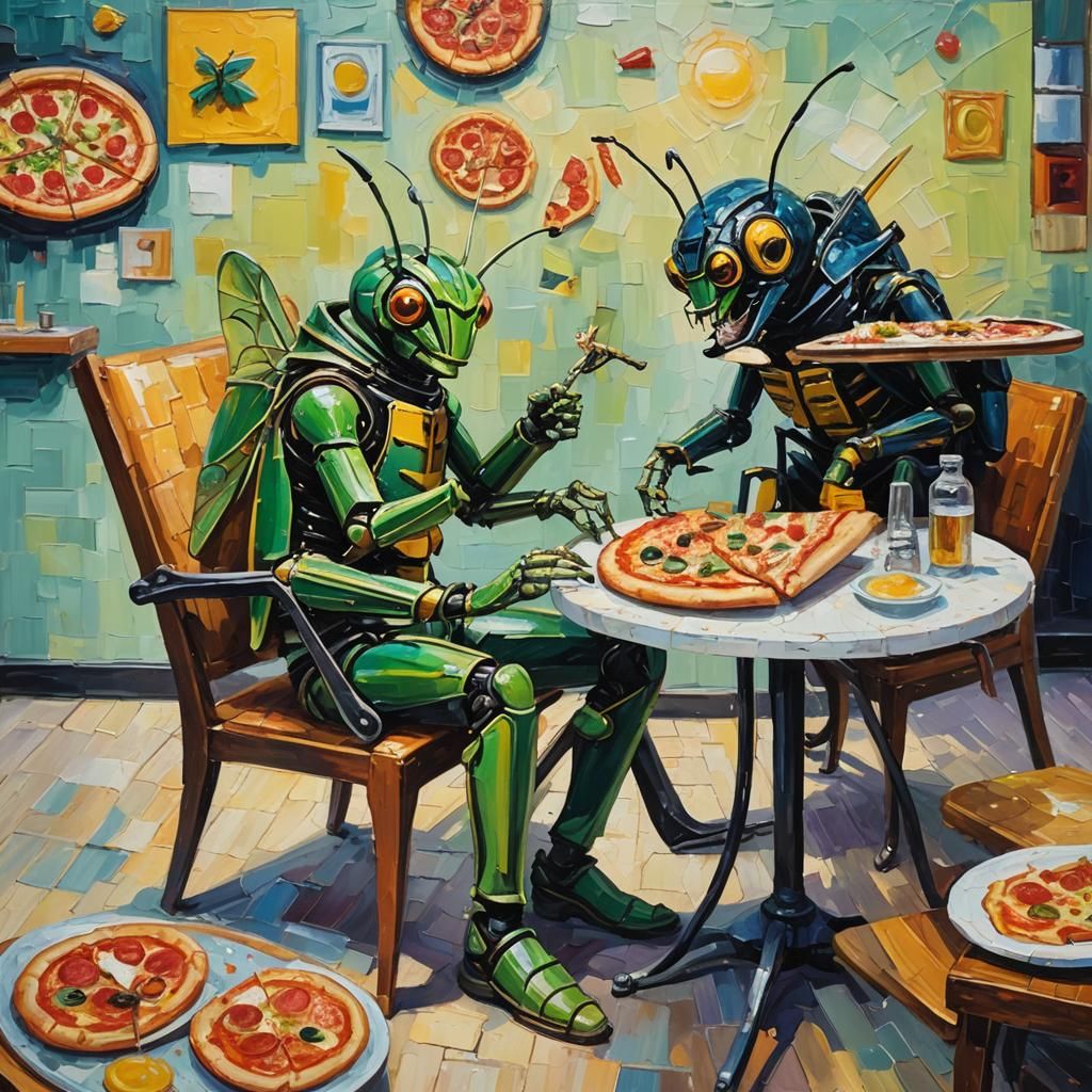 Grasshopper and Bumble Bee Enjoying Pizza, Neo-Impressionism