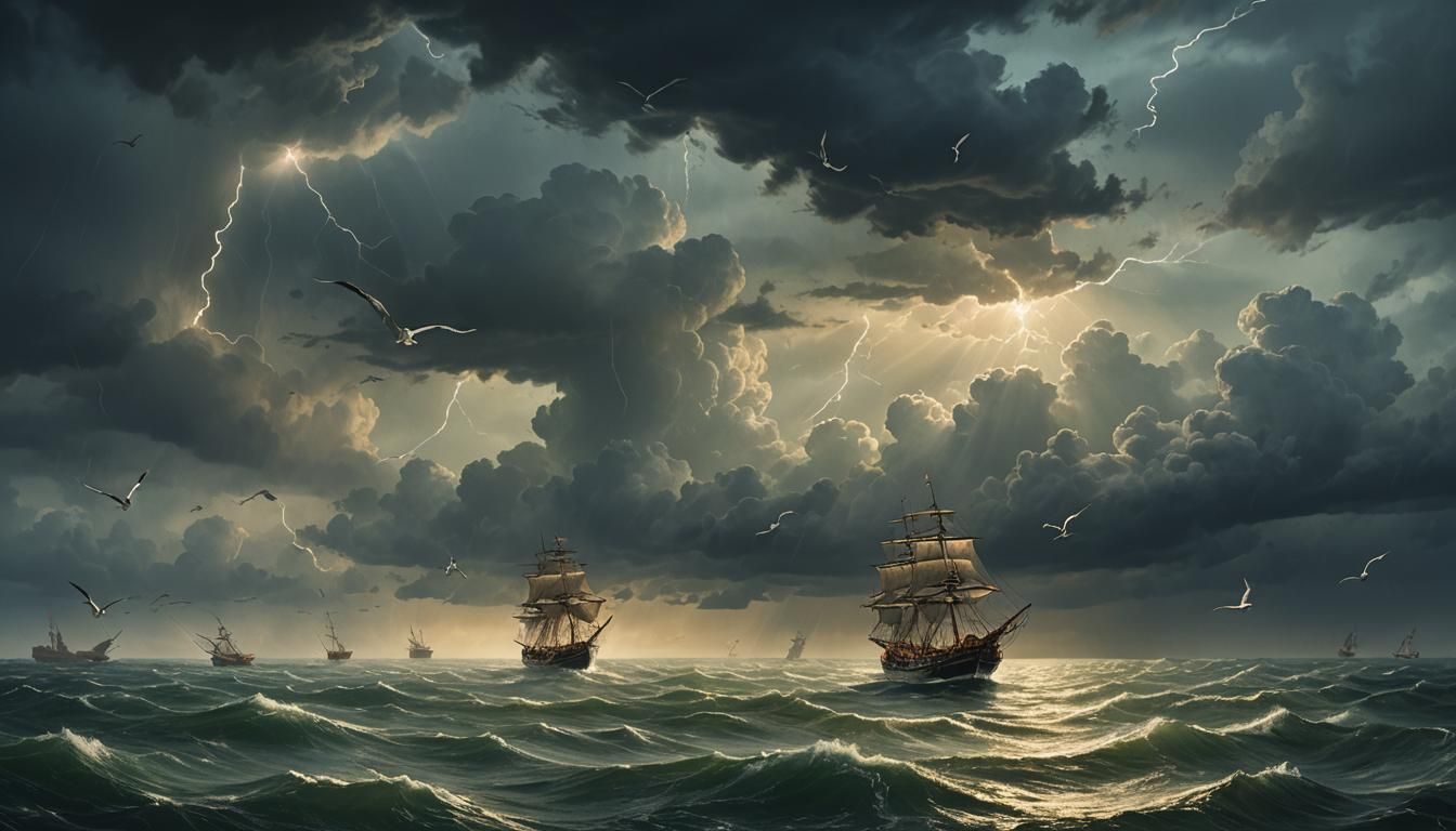 Serene Ship Navigates Stormy Sea: Dutch Master Seascape
