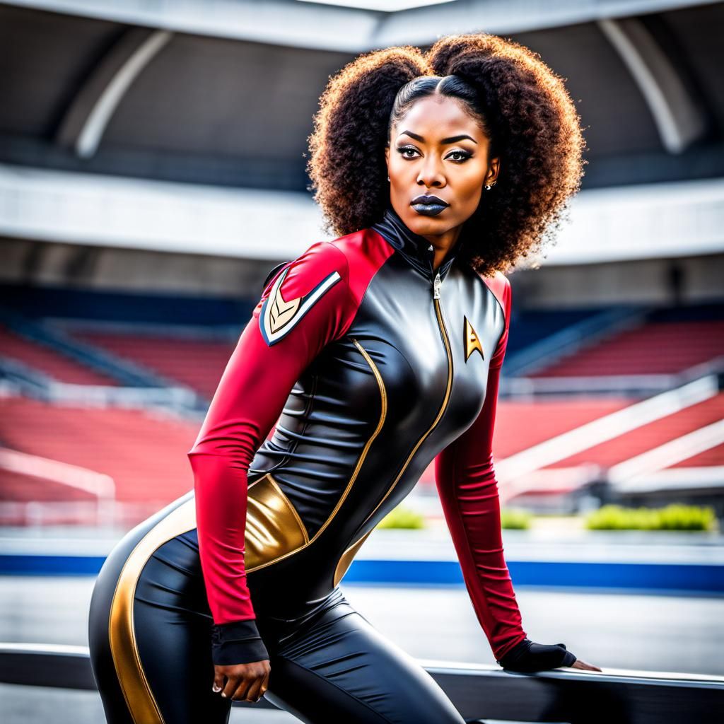 Sporty Star Trek Uniform: HDR Photo of Woman in Latex Bodysu...