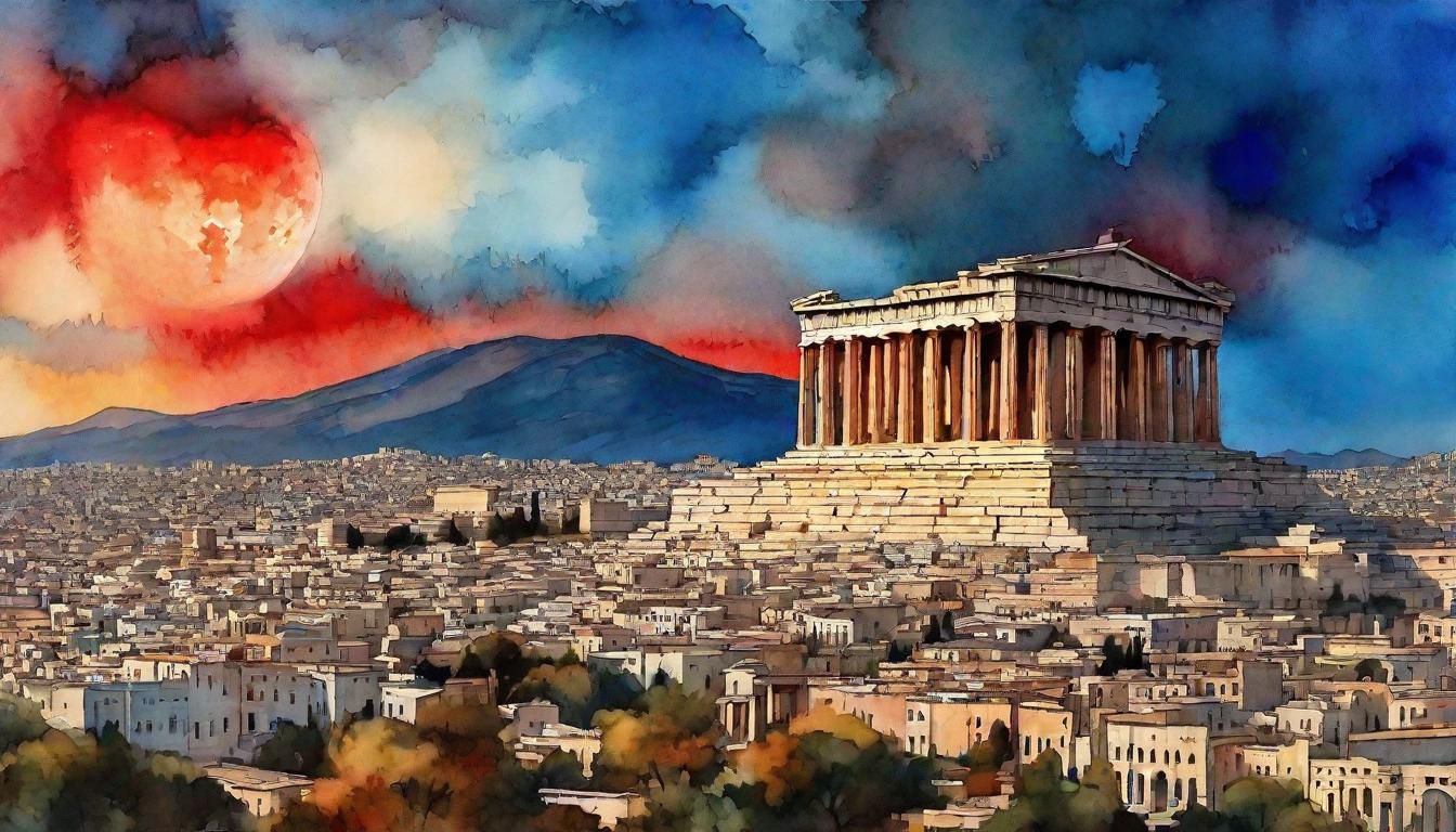 Athens Parthenon with Red Moon, Watercolor Painting