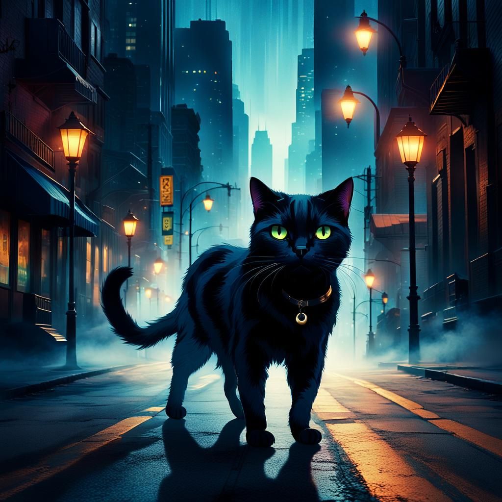 Black Cat in Noir Cityscape
