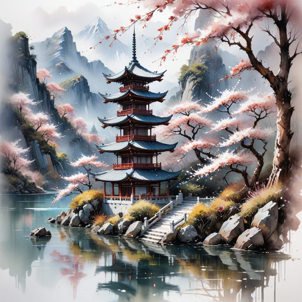 Ornate Pagoda by Lake with Sakura Trees