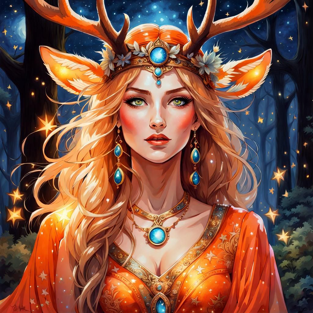 Magical Enchantress in Glowing Forest: Watercolor Portrait