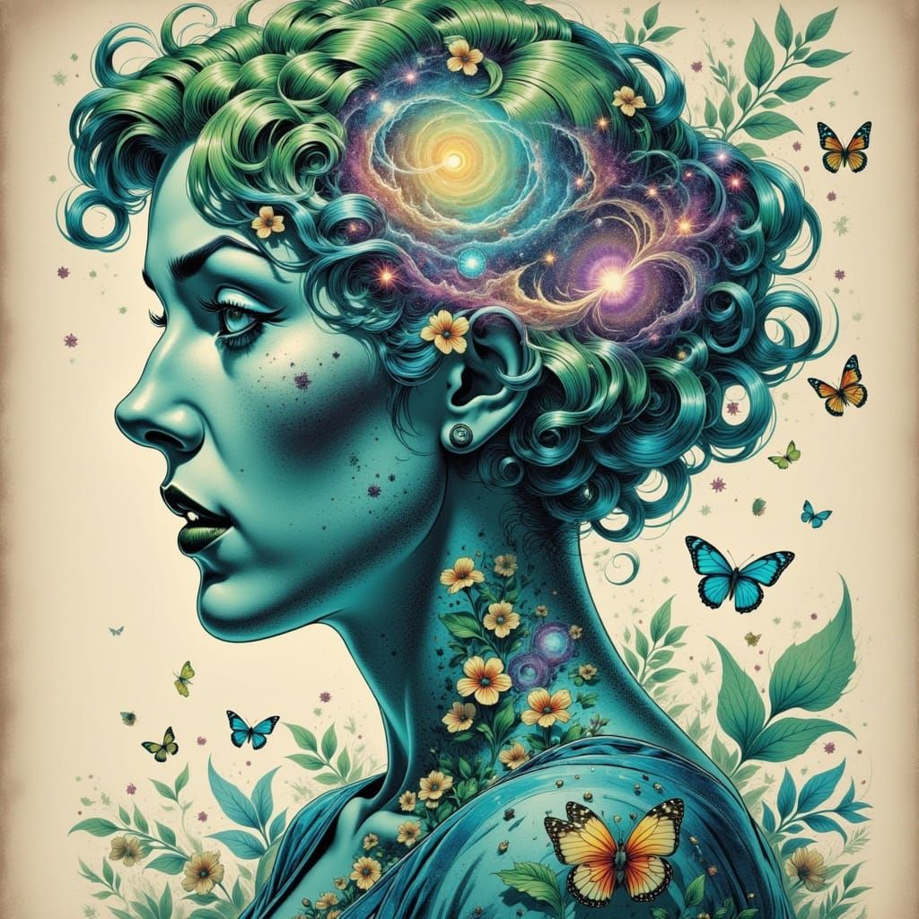 Cosmic Mindscape: Old Woman's Head Filled with Galaxies and ...