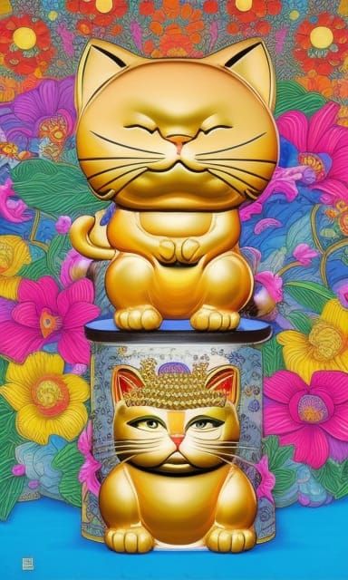 Maneki Neko, Buddha, and Flowers in Comic Art Style