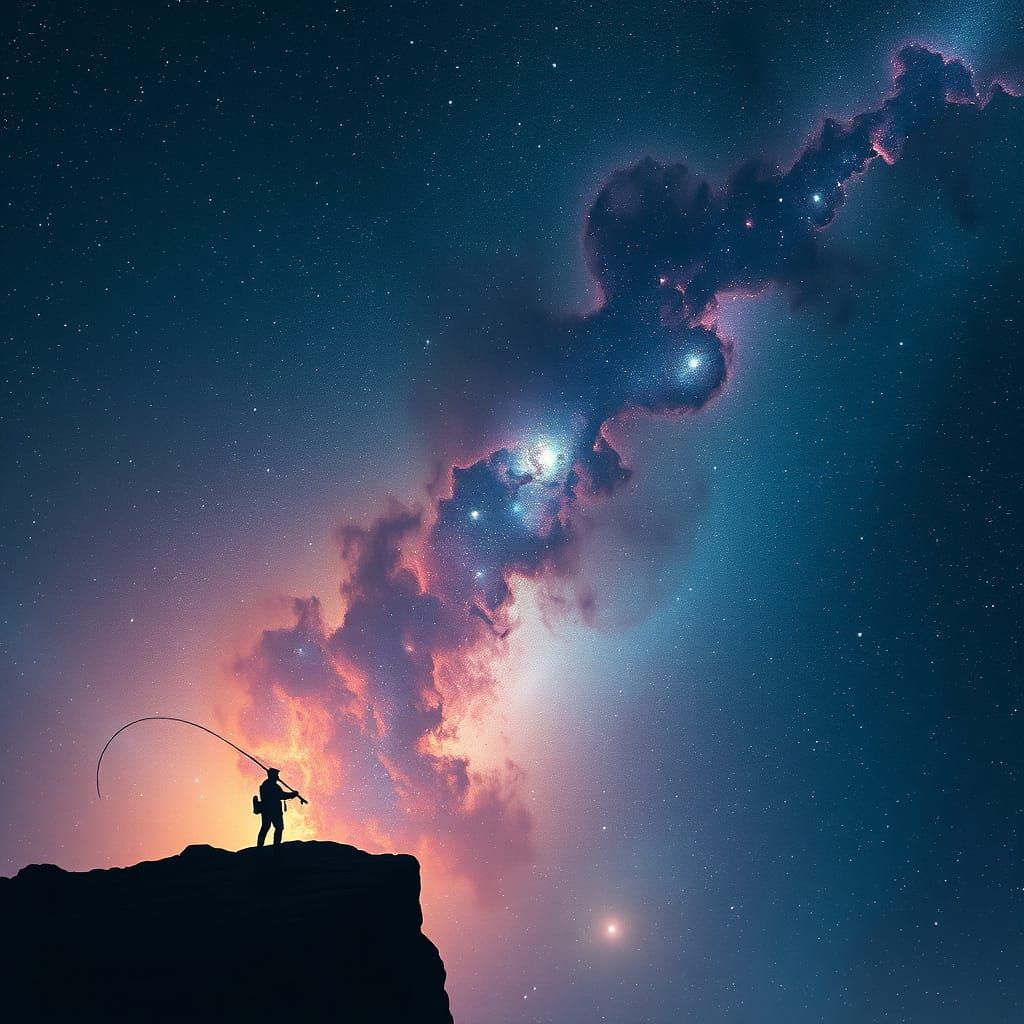 Cosmic Angler on Nebula Precipice in Dark Fantasy Style