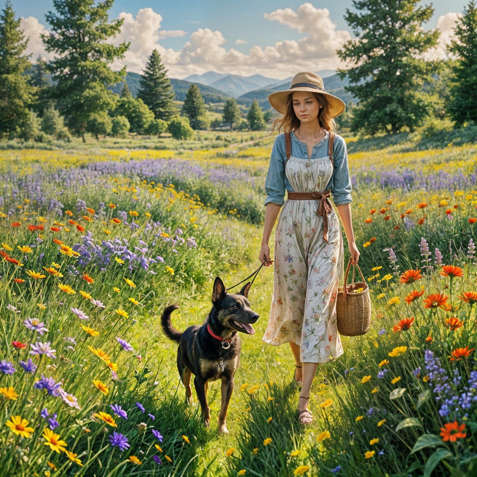 Woman Walking Dog Through Vibrant Wildflower Meadow