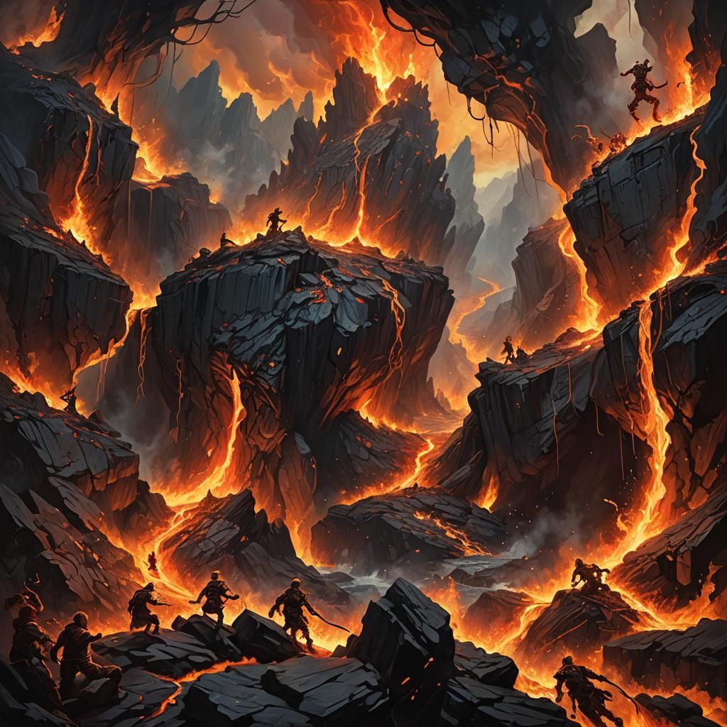 People Fall Into Fiery Abyss: Dark Fantasy Art