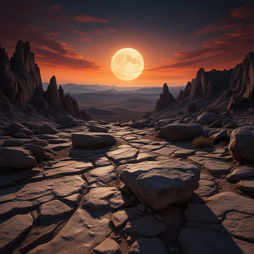 A beautiful landscape with a rising moon and a sunset fills ...