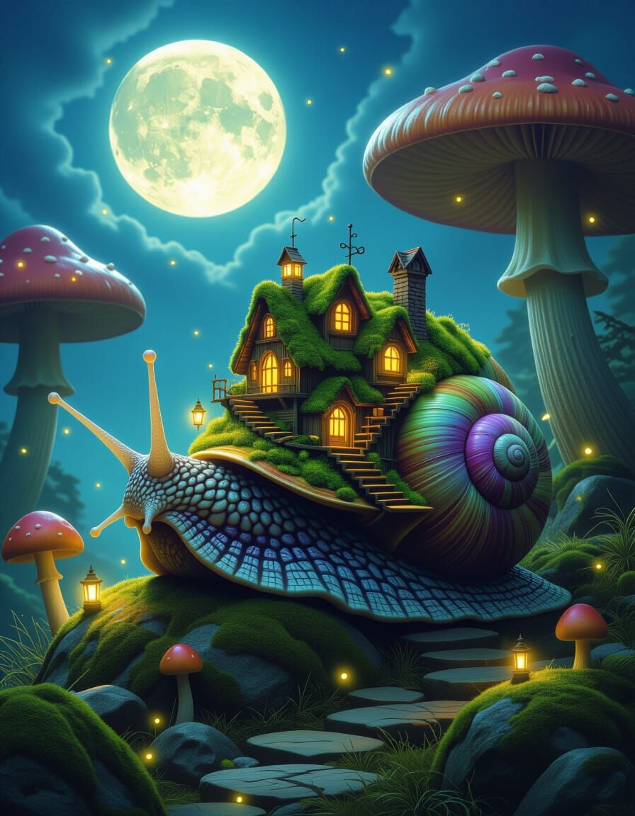 Colossal Snail Village Amongst Giant Mushrooms, Fantasy Art
