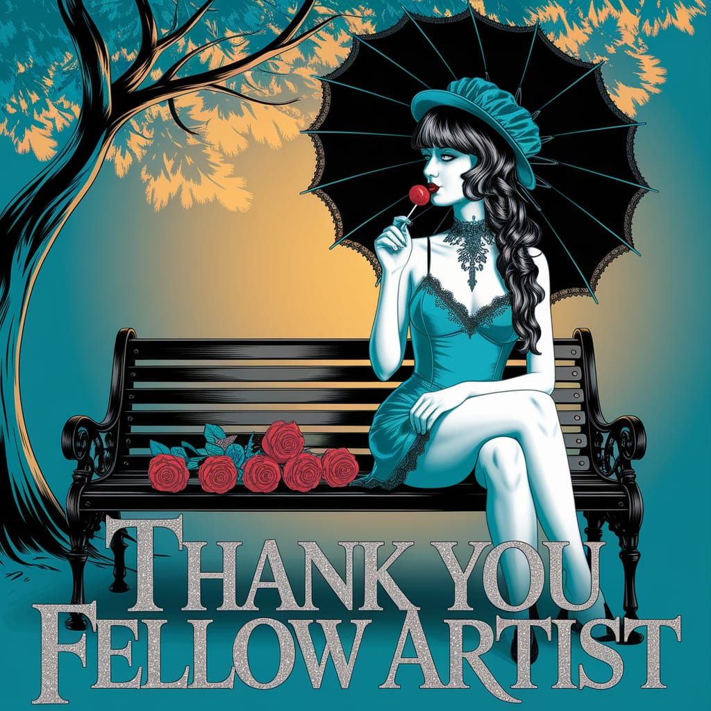 Gothic Woman with Roses in Turquoise Ink Drawing