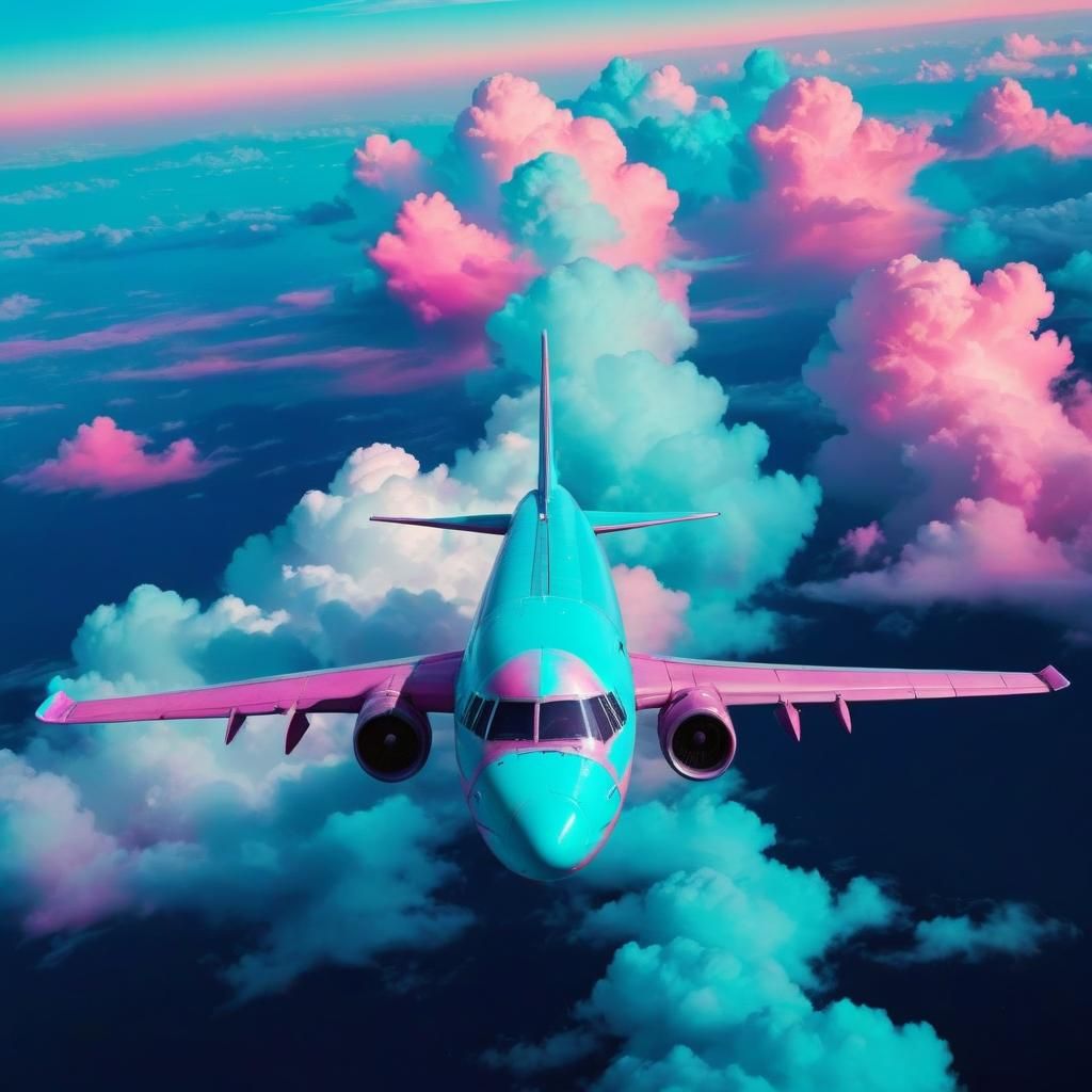Turquoise Airplane Soaring Over Neon Pink Clouds