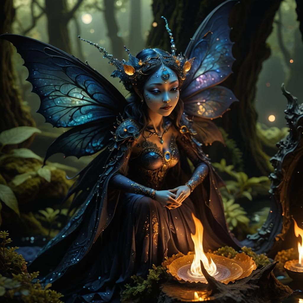 Fractal Indigo Fairy Overlooking Iridescent Ocean