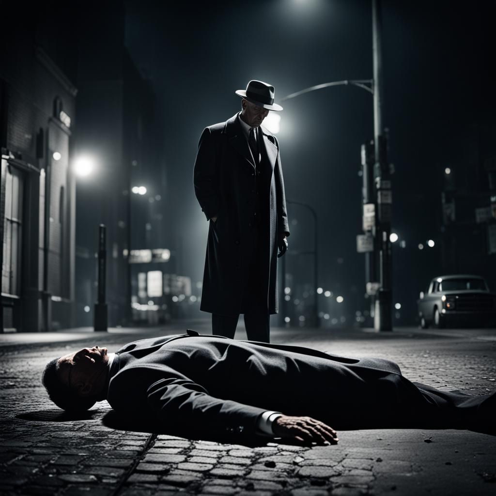 A detective stands looking down at the body of a murder victim. Film noir vibes. Wide angle view.