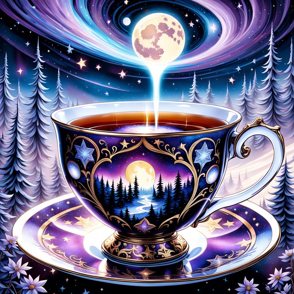 Cosmic Tea Cup in Gothic Watercolor Landscape
