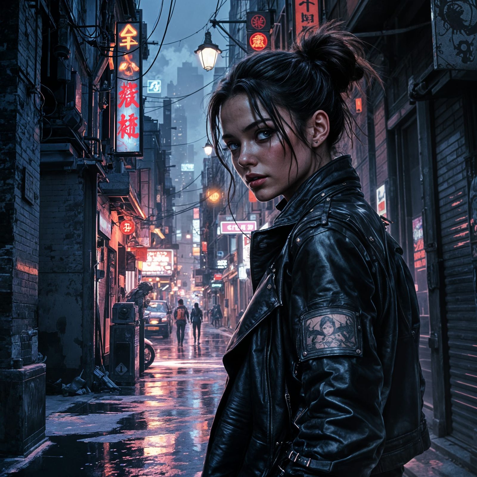 Cyberpunk Woman Walks City Alleyway at Night