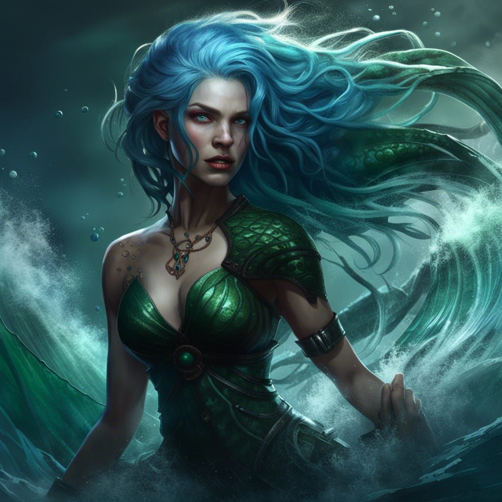 Majestic Siren with Blue Hair, Dark Fantasy Art
