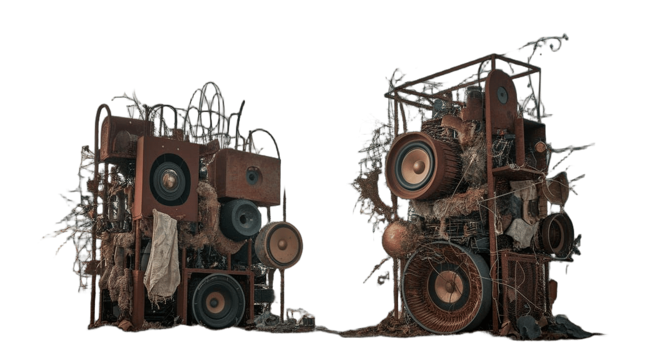 Kinetic Sound Sculptures: Rusted Metal & Broken Instruments