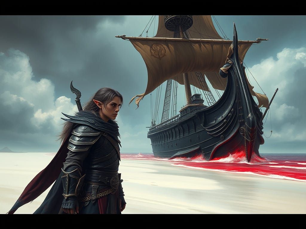 Dark Elf Warrior Stands Beside Haunted Galleon