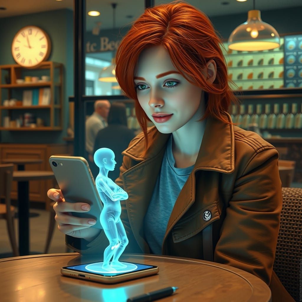Vibrant 3D Hologram in a Bustling Coffee Shop