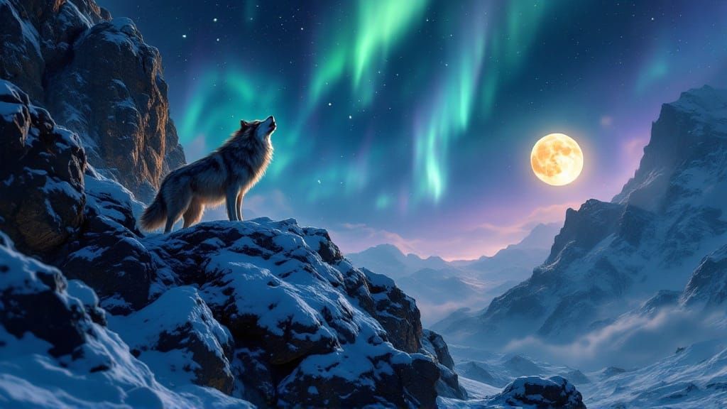 Winter Wolf Amidst Aurora Borealis