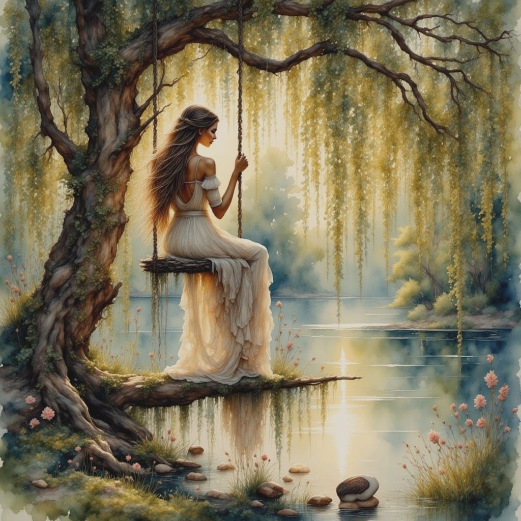 Woman on Swing Under Willow Tree Watercolor