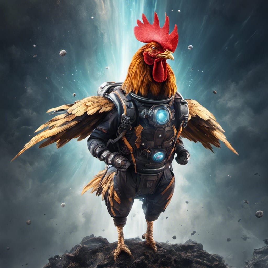 Rooster in Spacesuit Soaring with Jetpack