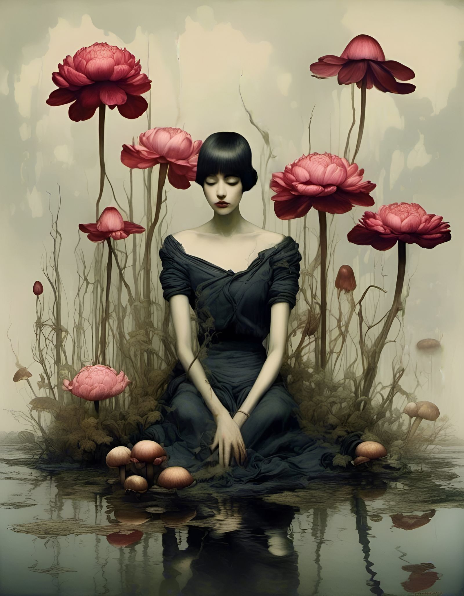 Dark Fantasy Swamp Scene with Lotus Flowers