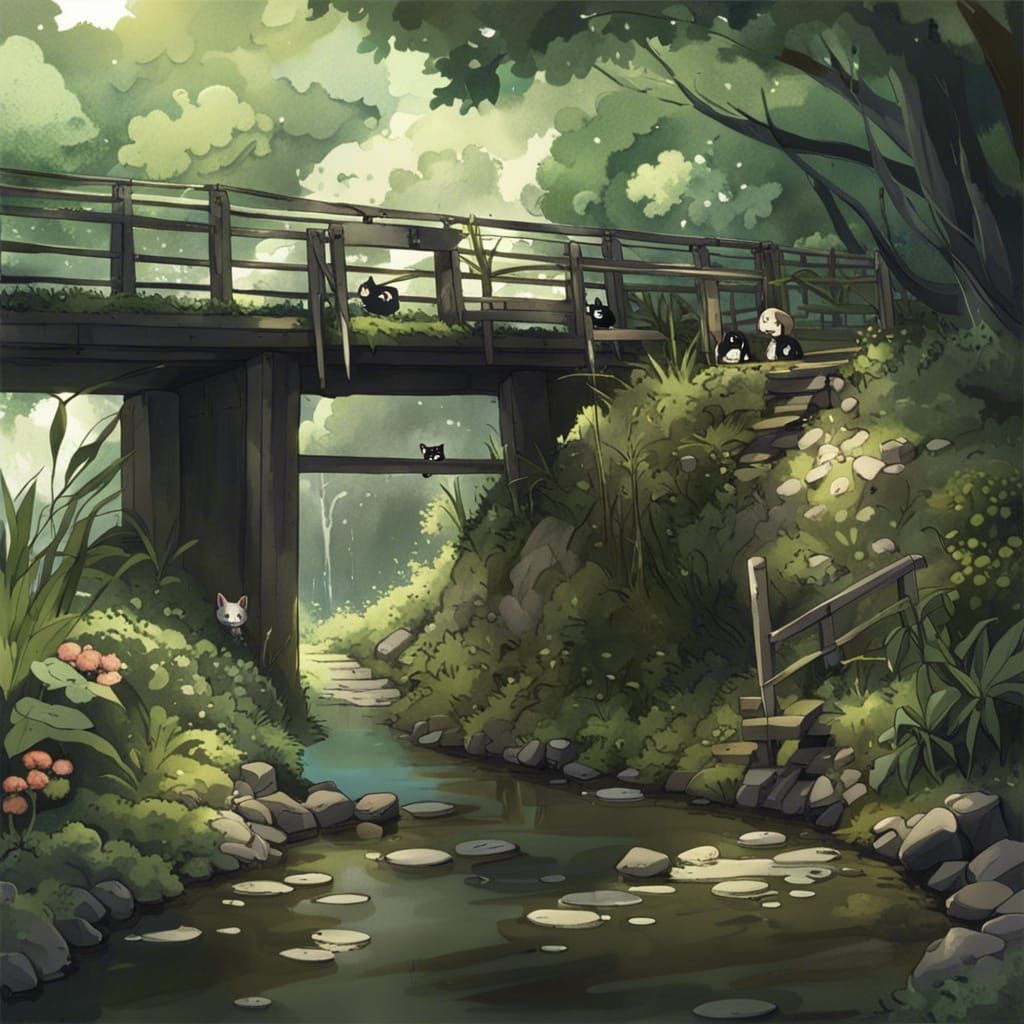 Charred Japanese Bridge in Anime Style