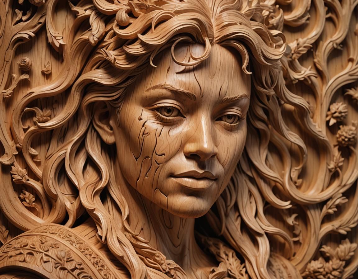 Detailed Wood Sculpture in Golden Light