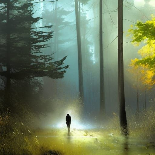 Sad Teen with Headphones in Autumn Forest