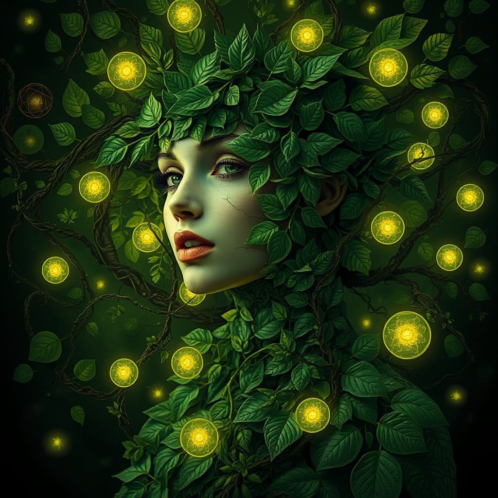 Surreal Leaf Goddess with Glowing Orbs and Vines